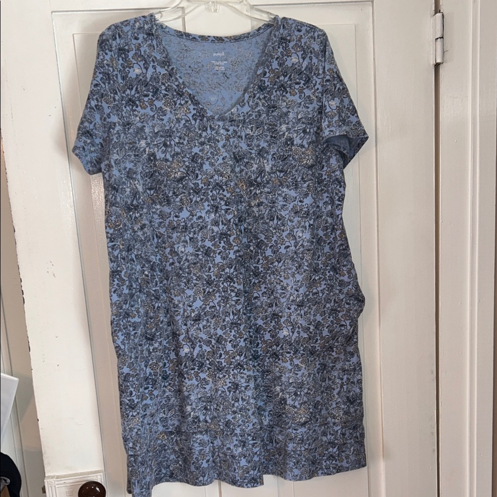 PURE JILL Soft V Neck Floral T Shirt Dress Blue Large Cottage Resort Cotton